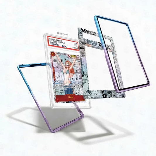 Comic book card with protective cases on a white background