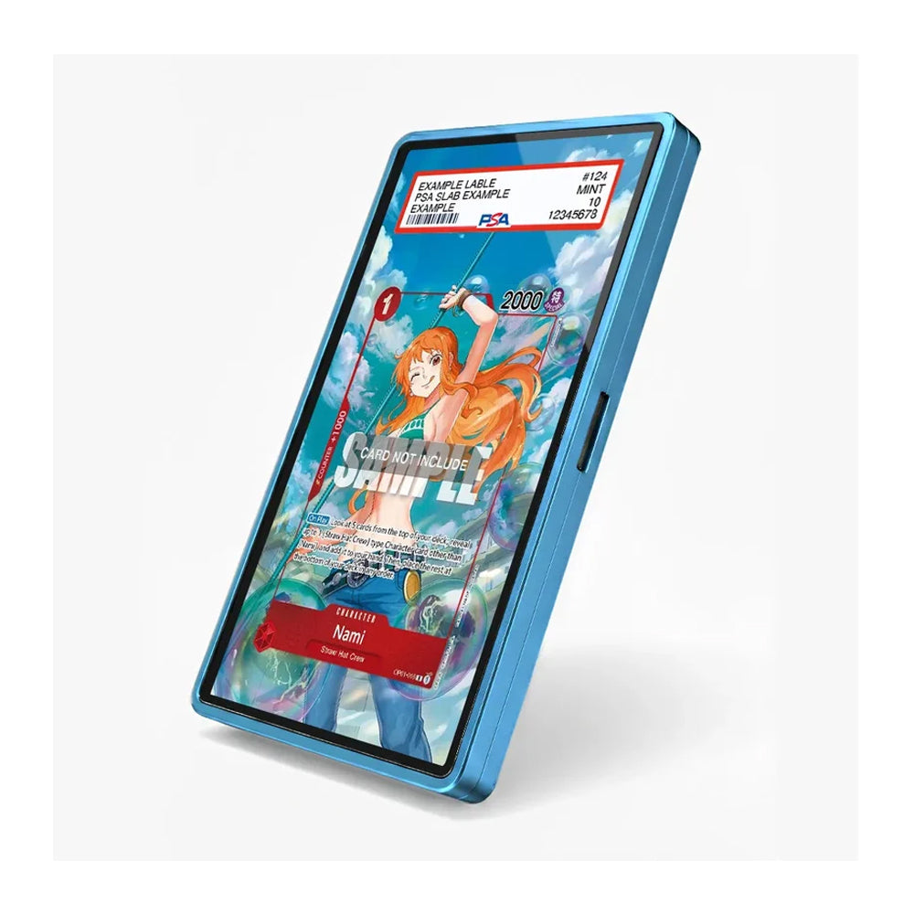 A blue smartphone case shown at an angle on a light gray background, with a printed anime-style card design visible through the screen area.