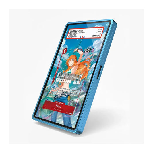 A blue smartphone case shown at an angle on a light gray background, with a printed anime-style card design visible through the screen area.