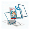A clear acrylic display card holder with a translucent blue border, shown in multiple floating angles around a sample graded card. The background is a clean white studio backdrop.