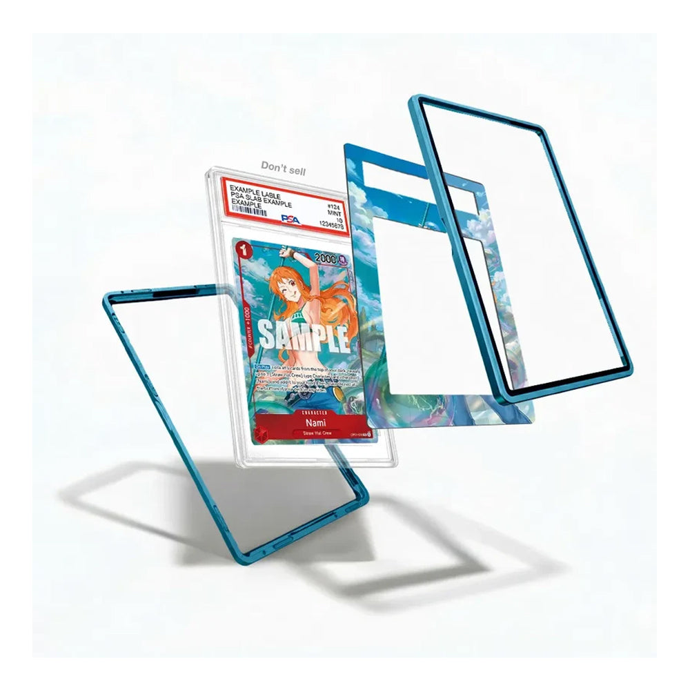 A clear acrylic display card holder with a translucent blue border, shown in multiple floating angles around a sample graded card. The background is a clean white studio backdrop.