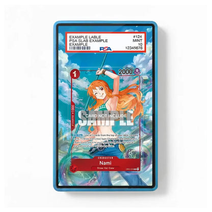A PSA graded collectible trading card of the anime character Nami, sealed in a blue protective slab. The slab features a clear plastic border and a red and white PSA grading label at the top, with a 'SAMPLE' watermark overlay.