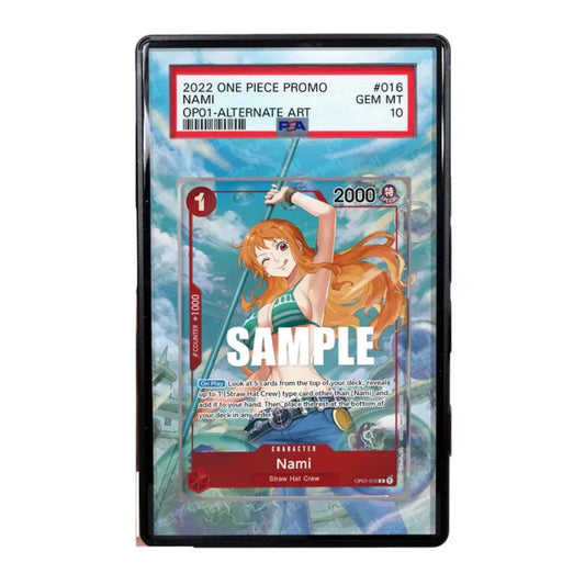 Trading card featuring an anime character with red hair and a green dress, held by a flag, on a white background.