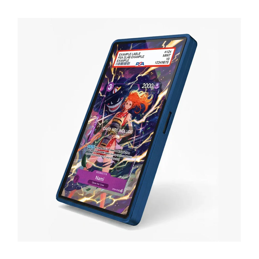 A blue protective phone case shown at an angle on a light gray background, featuring a colorful anime-style graphic on the screen.