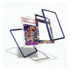 A set of transparent acrylic card protectors with dark blue borders, shown floating around a graded holographic trading card on a clean white background.