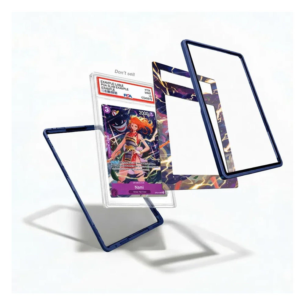 A set of transparent acrylic card protectors with dark blue borders, shown floating around a graded holographic trading card on a clean white background.