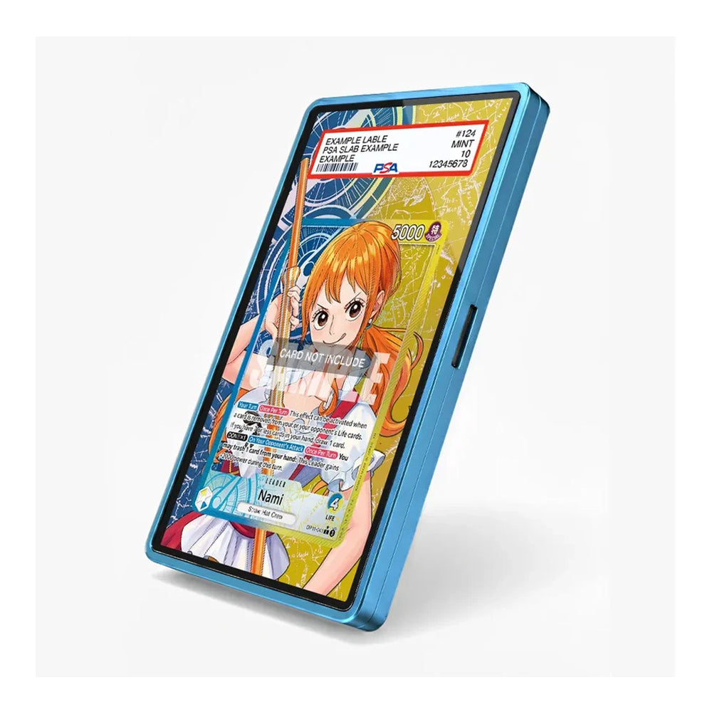 A blue smartphone case shown at an angle on a light gray background, with a colorful anime-style screen display visible behind the case.