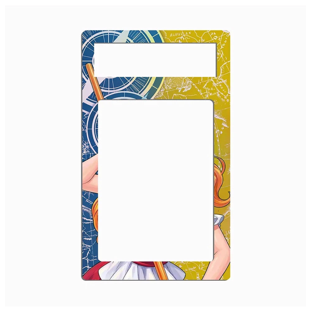 A decorative rectangular picture frame with a vintage anime-style illustration featuring a blue and yellow background, white line art, and partial figures with orange hair.