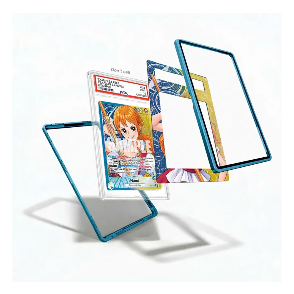 Three clear acrylic card sleeves with translucent blue borders are shown floating at different angles on a white background, with a sample anime trading card inserted into one sleeve.