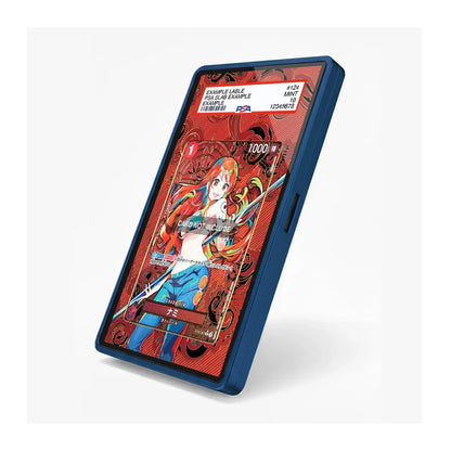A blue protective phone case with a red and multicolor anime-style card game screen insert, shown on a clean white background.