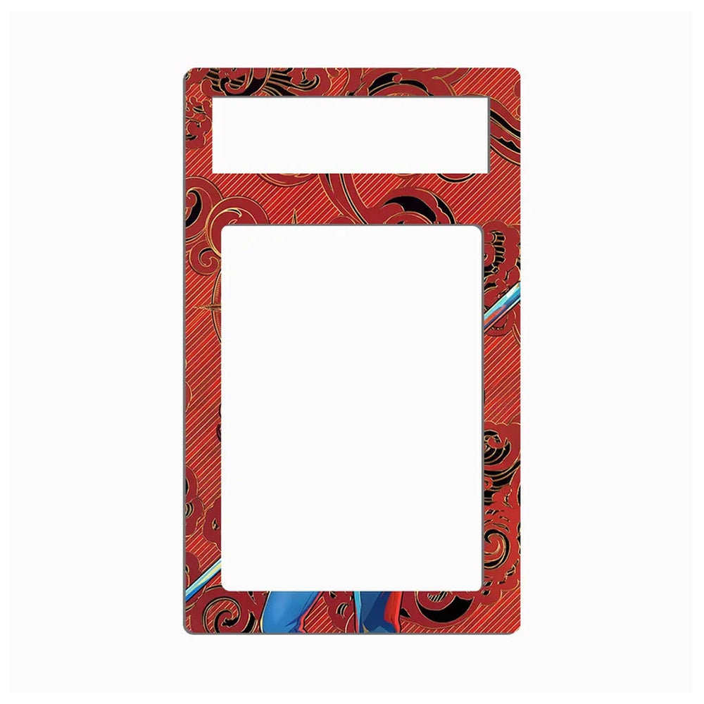 A rectangular decorative frame or plate with two large cutouts, featuring a red background with black swirling patterns and small blue accents, shown on a plain white background.