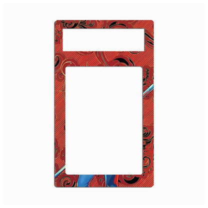 A rectangular decorative frame or plate with two large cutouts, featuring a red background with black swirling patterns and small blue accents, shown on a plain white background.