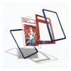 A clear acrylic card protector case with a dark blue frame, shown in multiple angles around a sample collectible card inside a graded slab, on a clean white background.