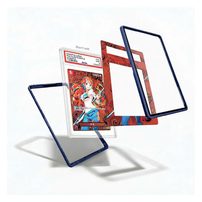 A clear acrylic card protector case with a dark blue frame, shown in multiple angles around a sample collectible card inside a graded slab, on a clean white background.