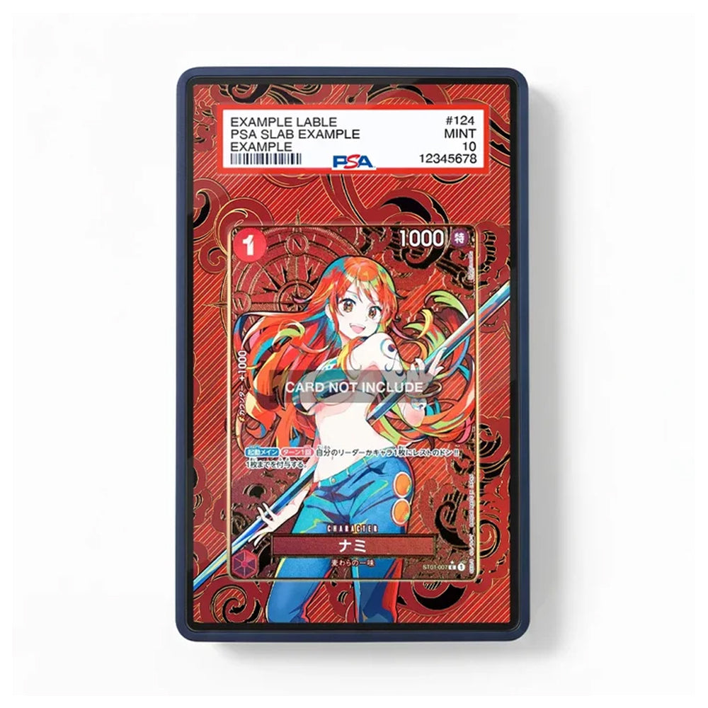 A PSA graded slab containing a collectible card featuring an anime-style character on a red patterned card, photographed against a plain white background.