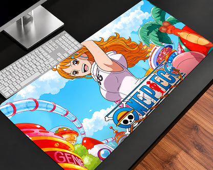 Nami-inspired One Piece anime gaming mouse pad featuring an orange-haired character, bright blue skies, fluffy white clouds, tropical palm trees, colorful futuristic structures, and pirate-themed artwork.