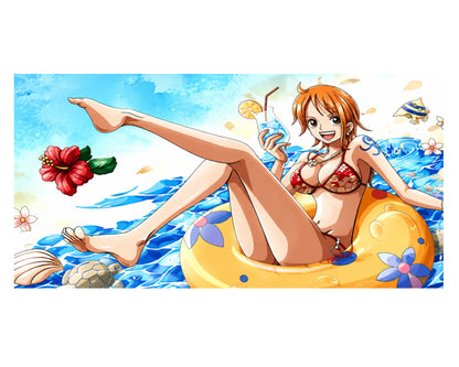 Anime-style beach scene featuring a woman in a red bikini lounging on a yellow float in blue ocean water, with a drink, flowers, shells, and a bright sky.