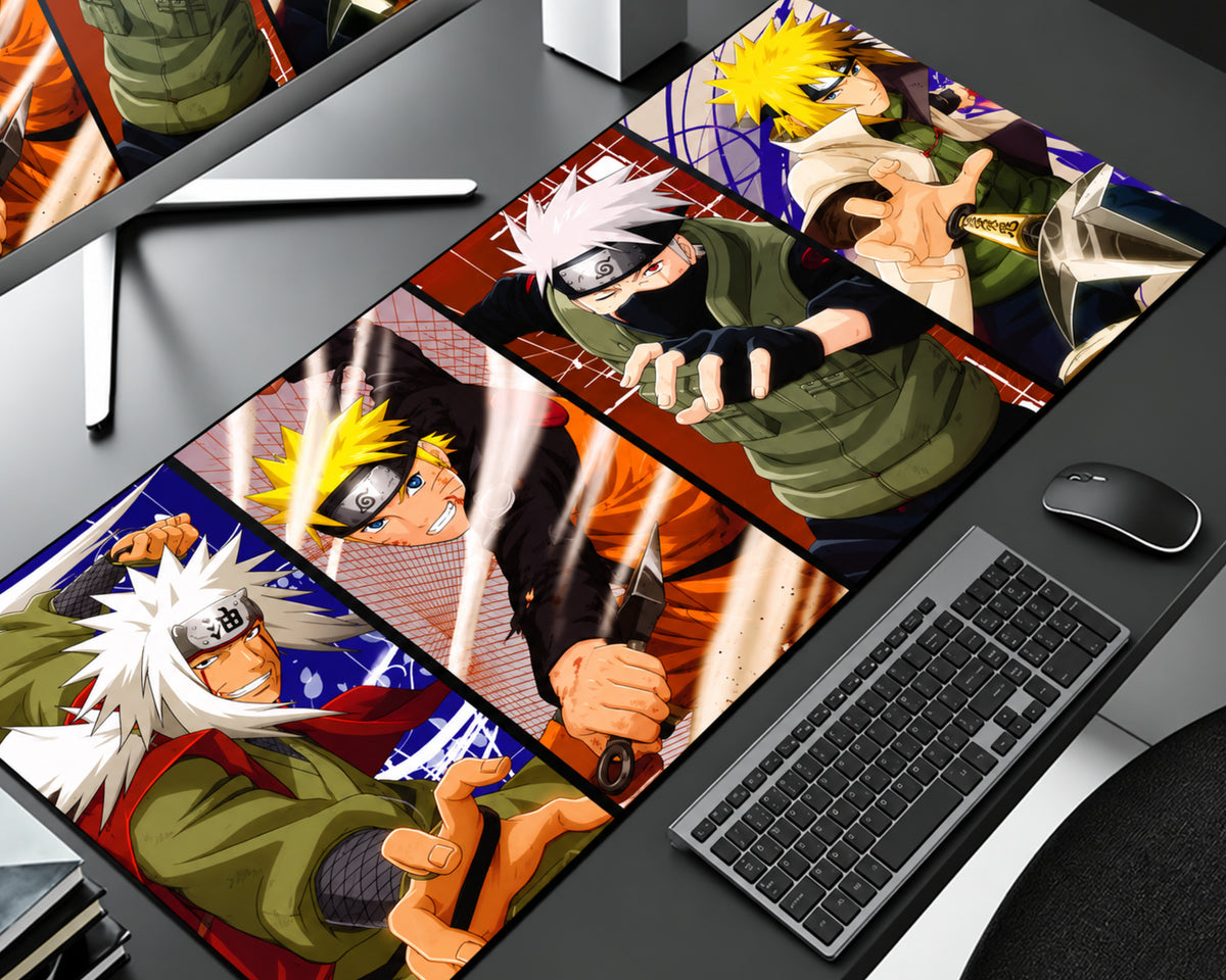 Naruto anime gaming mouse pad featuring Naruto Uzumaki in orange and black, Kakashi Hatake in a green ninja vest, Minato Namikaze with a kunai, and Jiraiya in red and green, arranged in colorful diagonal panels.