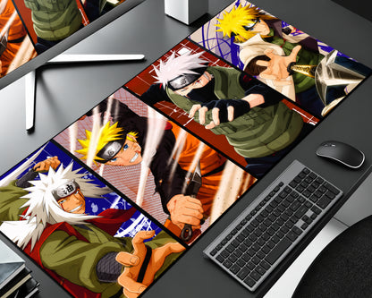 Naruto anime gaming mouse pad featuring Naruto Uzumaki in orange and black, Kakashi Hatake in a green ninja vest, Minato Namikaze with a kunai, and Jiraiya in red and green, arranged in colorful diagonal panels.