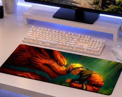 A large desk mat featuring an anime illustration of Naruto and his fox companion, displayed on a white desk alongside a backlit keyboard, mouse, and monitor stand.