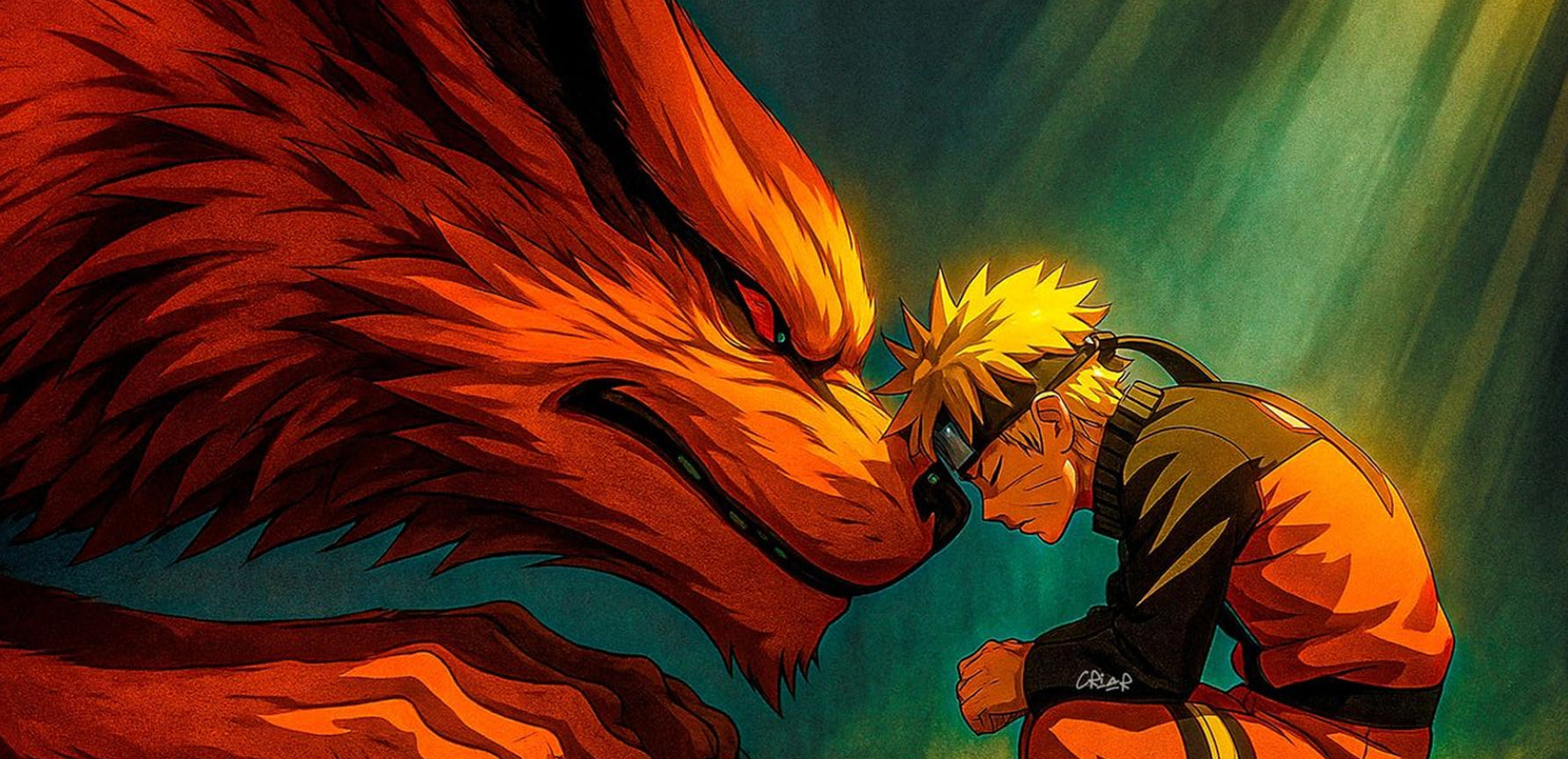 Anime-style artwork showing Naruto in an orange and black outfit kneeling beside a large fiery fox creature with glowing red-orange fur against a teal-green background.