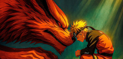 Anime-style artwork showing Naruto in an orange and black outfit kneeling beside a large fiery fox creature with glowing red-orange fur against a teal-green background.