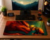 A large rectangular gaming desk mat featuring an anime-style illustration of Naruto and a fox, displayed on a wooden desk alongside a keyboard, mouse, computer tower, and small plants.