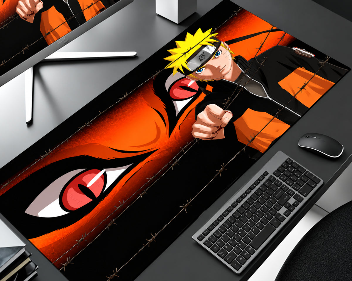 Naruto Uzumaki Nine-Tails Fox gaming mouse pad featuring blonde-haired Naruto in a black and orange outfit, intense red fox eyes, fiery orange and red artwork, and dramatic barbed-wire details on a black background.
