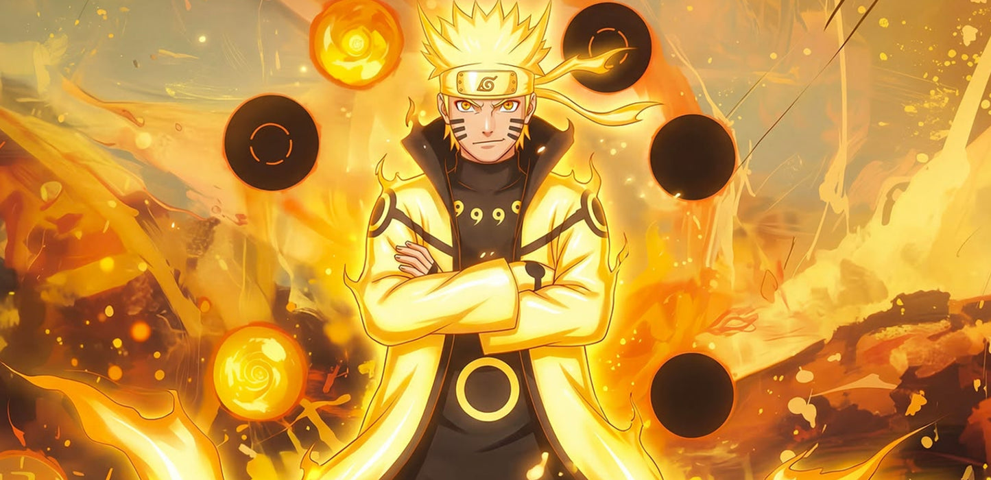Anime-style artwork of Naruto in a glowing yellow and orange power pose, surrounded by floating black and orange energy orbs against a fiery background.