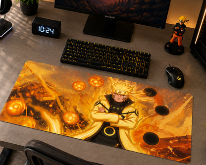A large gaming desk mat featuring an anime character with crossed arms surrounded by glowing orange energy effects, displayed on a gray desk alongside a keyboard, mouse, monitor, and small figurine.