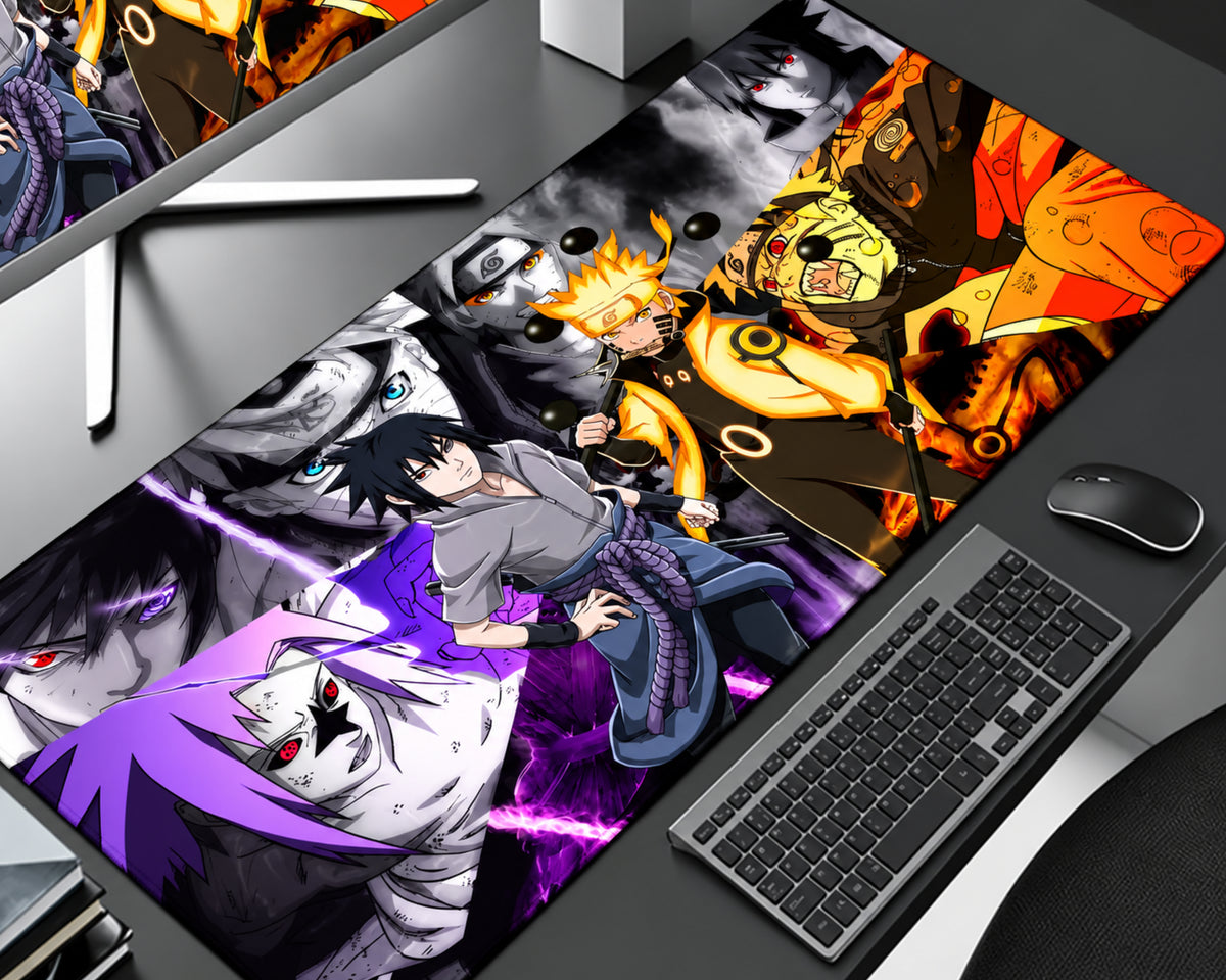 Naruto Shippuden extended gaming mouse pad featuring Naruto Uzumaki in a glowing golden-orange chakra form and Sasuke Uchiha in a gray outfit with a purple rope belt, surrounded by dramatic black-and-white ninja portraits, fiery orange panels, red eyes, and vivid purple lightning effects, displayed on a desktop beside a black keyboard and mouse.