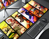 Naruto Uzumaki extended anime gaming mouse pad featuring multiple character panels with blond spiky hair, orange ninja outfits, golden chakra-inspired transformations, fiery sunset backgrounds, purple energy effects, and bold black dividers, displayed on a gray computer desk beside a black keyboard and mouse.