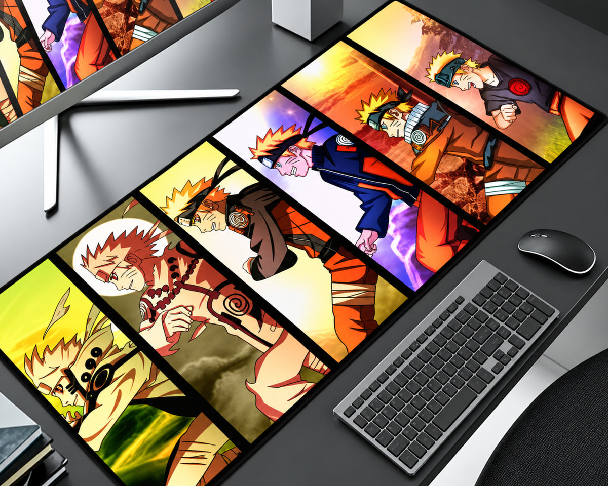 Naruto Uzumaki extended anime gaming mouse pad featuring multiple character panels with blond spiky hair, orange ninja outfits, golden chakra-inspired transformations, fiery sunset backgrounds, purple energy effects, and bold black dividers, displayed on a gray computer desk beside a black keyboard and mouse.