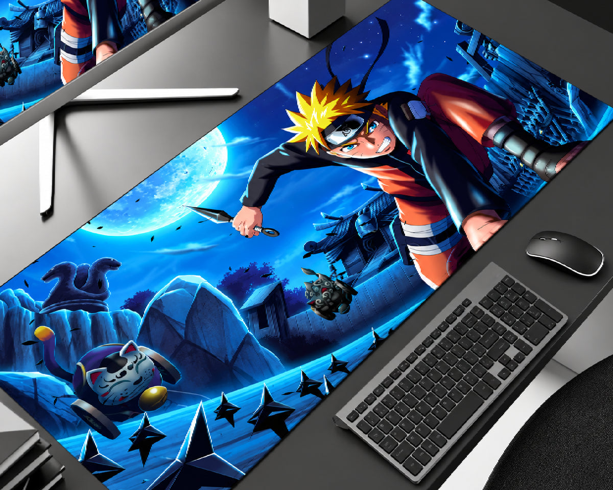 Naruto Uzumaki gaming mouse pad featuring blonde spiky hair, an orange-and-black ninja outfit, a Leaf Village headband, and a kunai against a glowing blue moon, nighttime village scenery, and dark blue anime artwork.