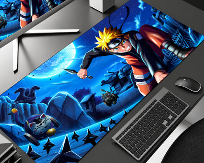 Naruto Uzumaki gaming mouse pad featuring blonde spiky hair, an orange-and-black ninja outfit, a Leaf Village headband, and a kunai against a glowing blue moon, nighttime village scenery, and dark blue anime artwork.