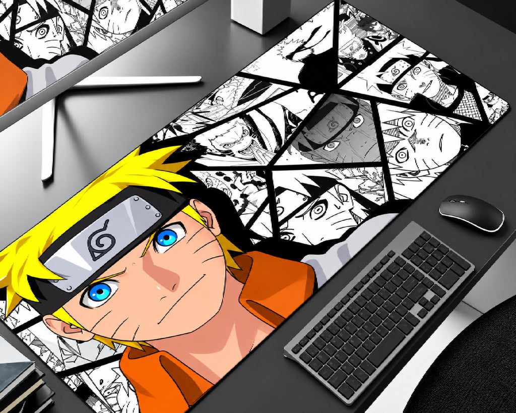 Naruto Uzumaki anime gaming mouse pad featuring a close-up portrait of Naruto with blonde hair, blue eyes, a Hidden Leaf forehead protector, and an orange outfit against a black-and-white manga collage background.