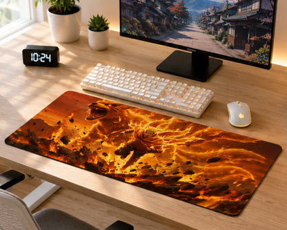 A large gaming desk mat with a fiery dragon design in orange, yellow, and brown, shown on a wooden desk next to a keyboard, mouse, and computer monitor.