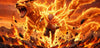 A dramatic anime-style illustration of a person in an orange outfit surrounded by intense flames and a large fox-like beast with multiple tails, set against a fiery orange and yellow landscape.