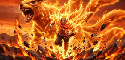 A dramatic anime-style illustration of a person in an orange outfit surrounded by intense flames and a large fox-like beast with multiple tails, set against a fiery orange and yellow landscape.