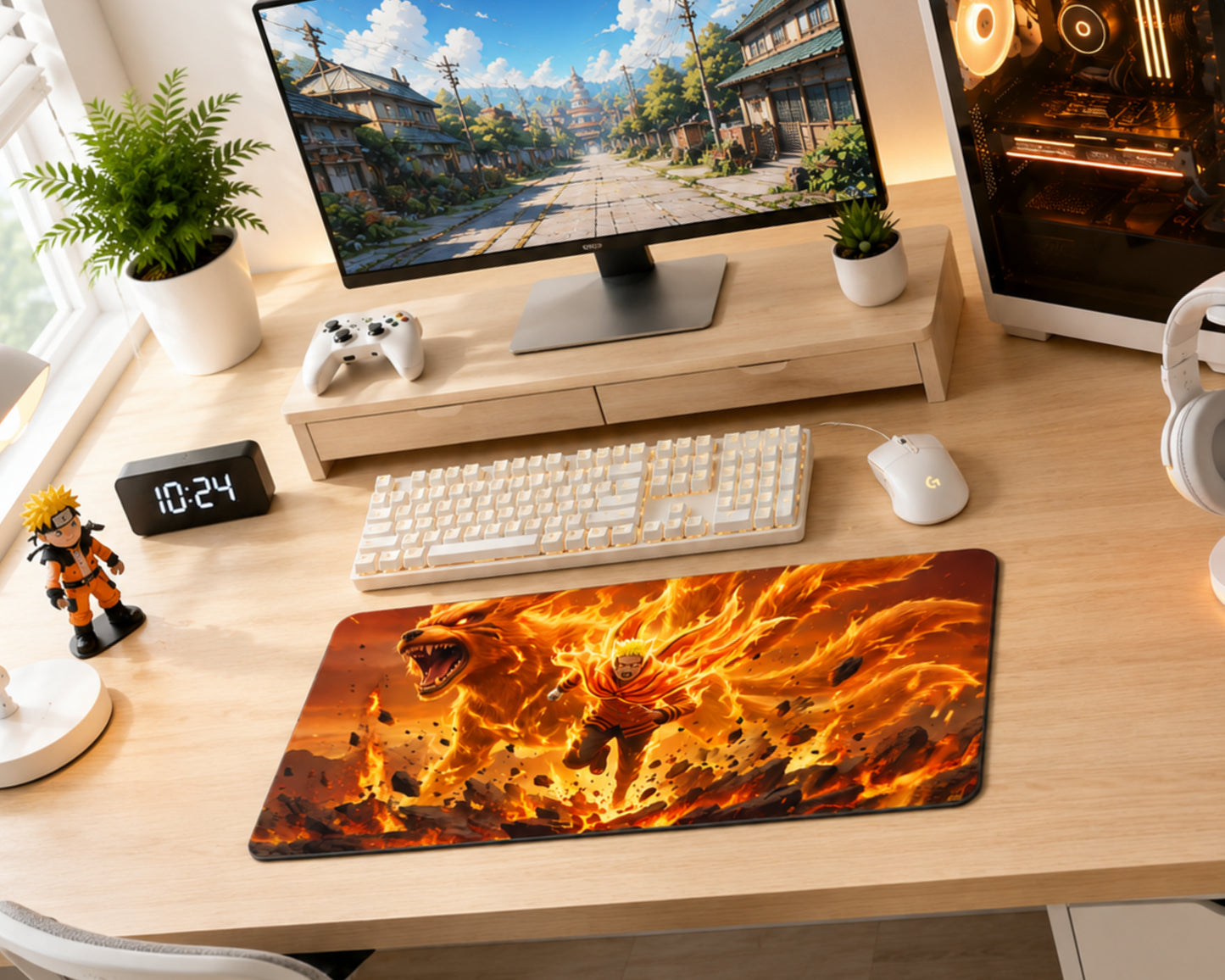 A large gaming desk mat with a fiery anime-style print featuring Naruto characters and orange flames, displayed on a light wood desk in a styled home office setup.