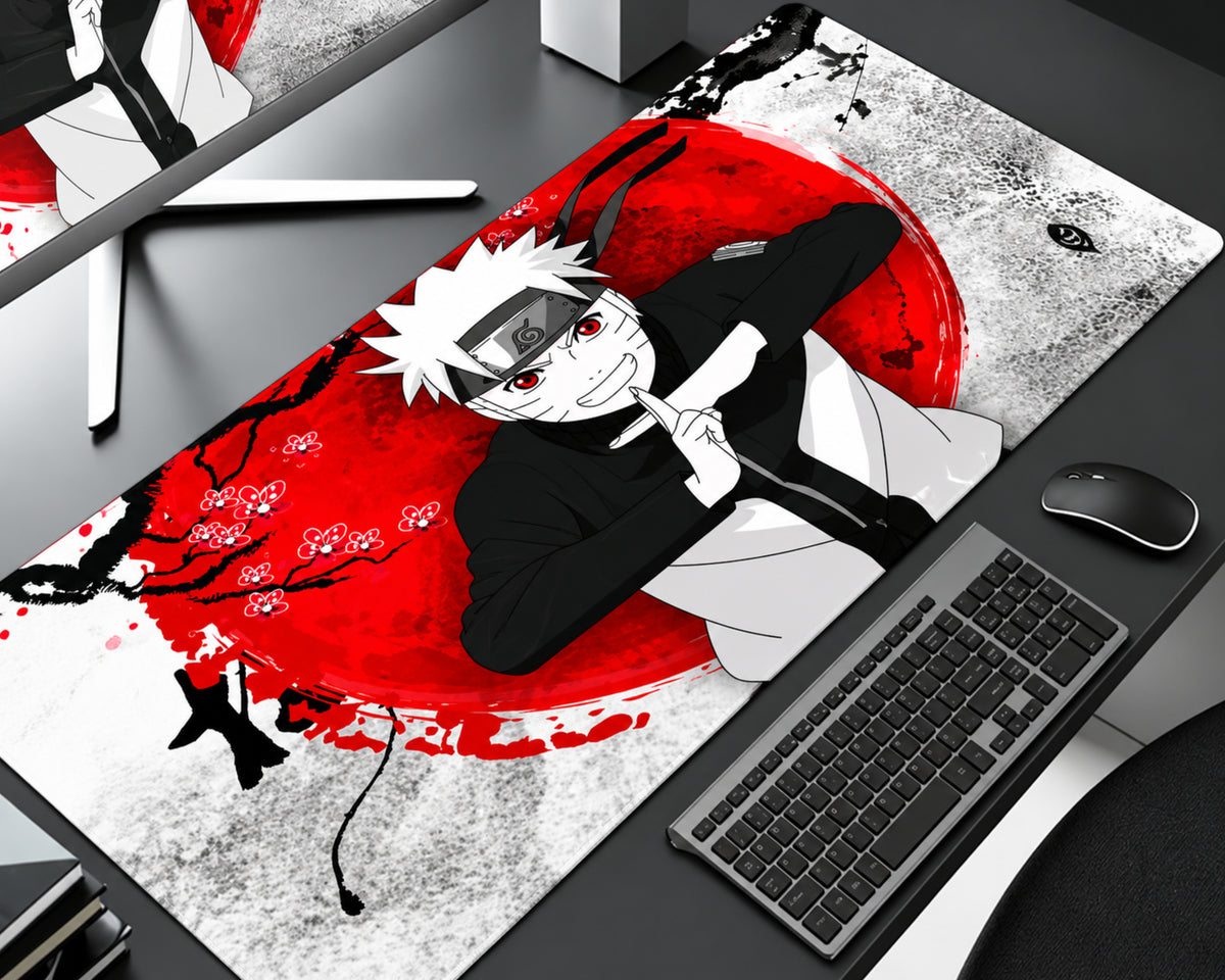 Naruto Uzumaki anime gaming mouse pad featuring white spiky hair, red eyes, a Leaf Village forehead protector, black clothing, and a ninja hand-sign pose over a bold red sun with cherry blossoms and black ink artwork.