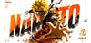 Promotional artwork featuring Naruto Uzumaki in an action pose with his hand extended forward, set against a large stylized orange and black 'NARUTO' background. The Naruto logo and text are visible on the left and right sides.
