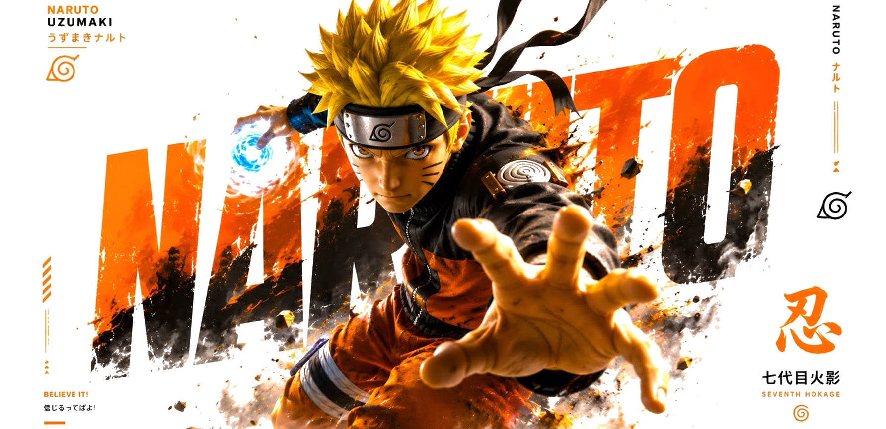 Promotional artwork featuring Naruto Uzumaki in an action pose with his hand extended forward, set against a large stylized orange and black 'NARUTO' background. The Naruto logo and text are visible on the left and right sides.
