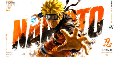 Promotional artwork featuring Naruto Uzumaki in an action pose with his hand extended forward, set against a large stylized orange and black 'NARUTO' background. The Naruto logo and text are visible on the left and right sides.