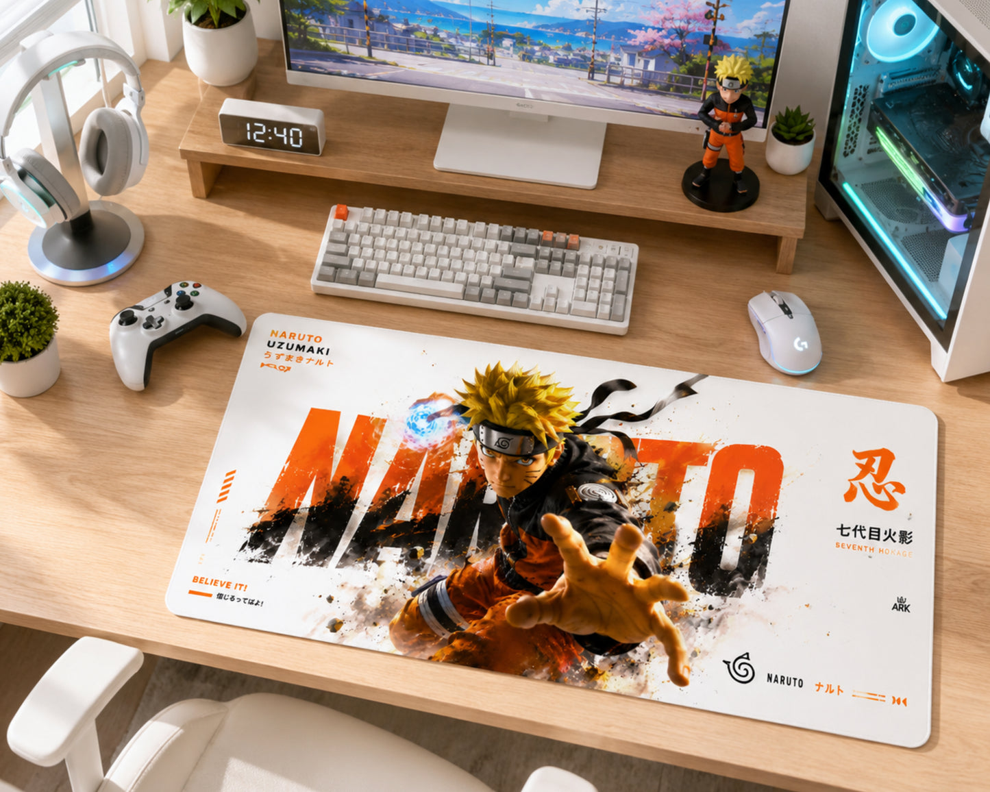 A large desk mat featuring Naruto Uzumaki artwork and bold orange 'NARUTO' text, styled on a wooden desk in a gaming setup with a keyboard, mouse, headphones, controller, monitor, and PC tower.