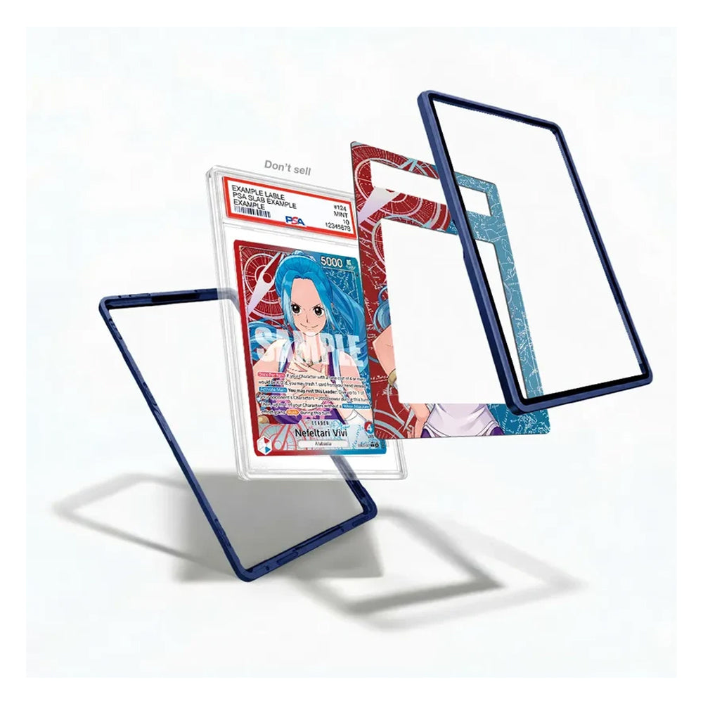 Three transparent phone case frames with printed anime-style designs are arranged around a central card insert on a clean white background.