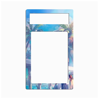 A rectangular plastic frame or insert with rounded corners, featuring a tropical beach scene printed on the border. The design shows blue sky, palm trees, and a wooden railing, with a large blank white center cutout and a smaller blank white top cutout.
