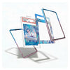 Three transparent phone case frames with blue and pink gradient edges are displayed floating against a white background, with one case shown holding a collectible card insert.