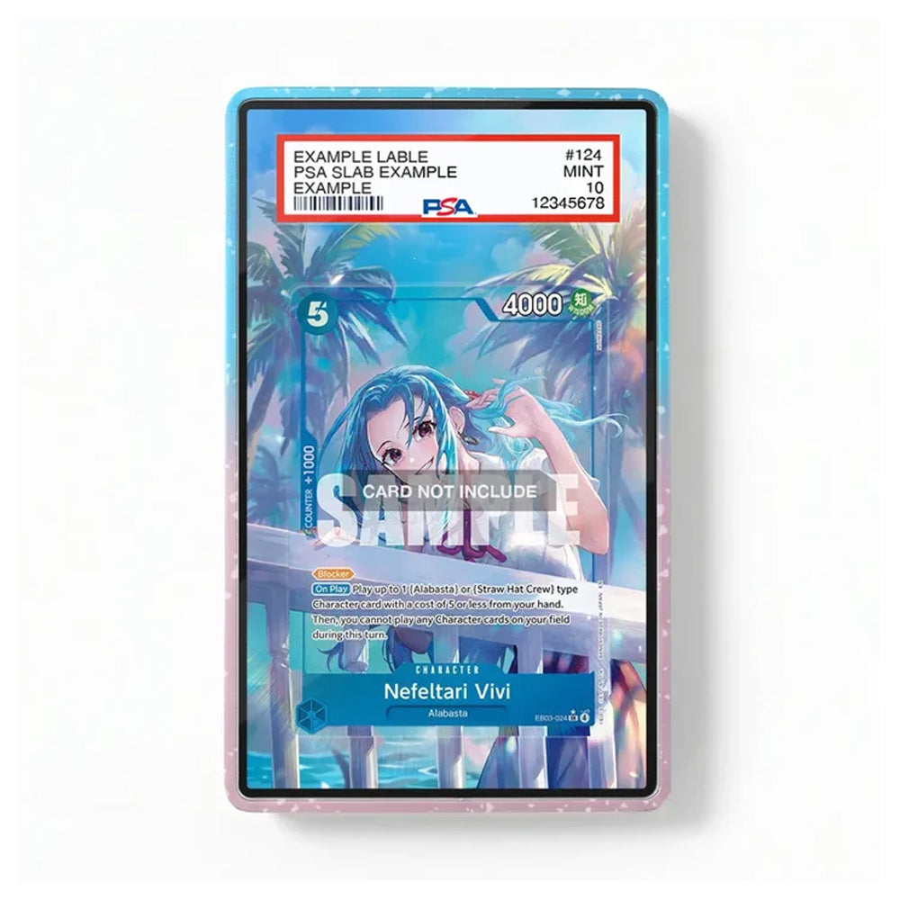 A PSA graded collectible trading card featuring the anime character Nefeltari Vivi, displayed inside a clear protective slab with a blue and pink glitter border. The slab is shown on a clean white background with a soft shadow.