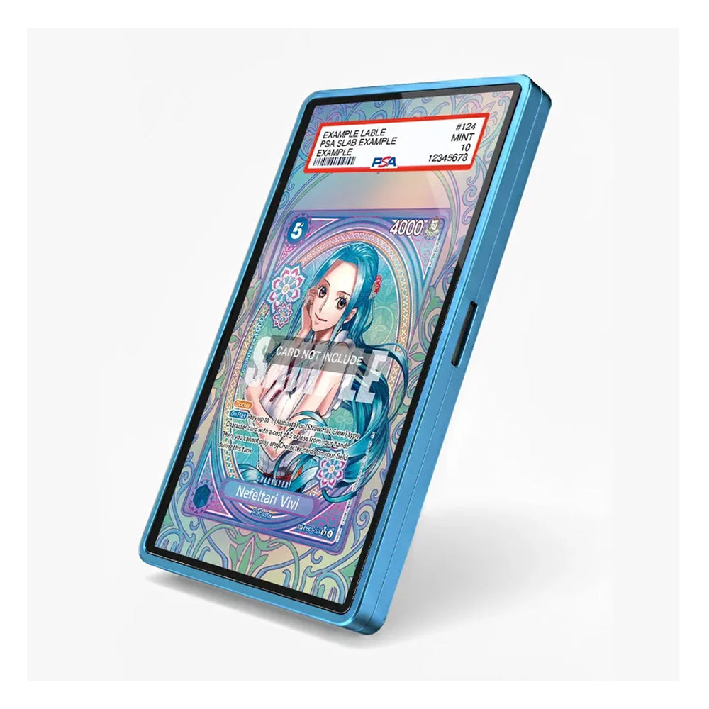 A blue metallic cardholder-style phone case shown at an angle on a light gray background, with a sample anime-style card visible inside. The case has a small side button and a printed sample label near the top.